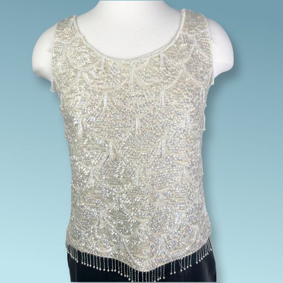 unknown Tops - 1960's Iridescent Sequined and Beaded Knit Camisole Sweater Top - Zipper Back